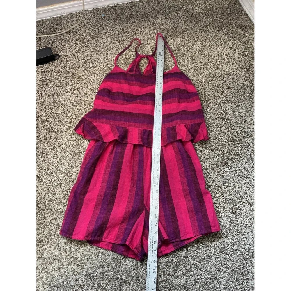 Anthropologie MELIA‎ AMADI Women Pink Purple Striped Ruffle Overlay Romper Small